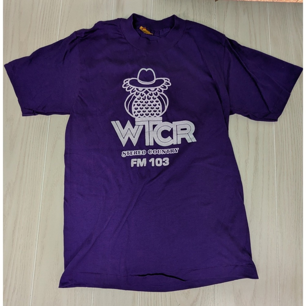 Vintage WTCR Radio T Shirt Medium Purple Stereo Country FM 103 Owl USA READ FLAW